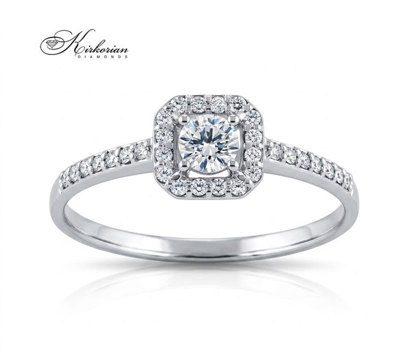 Годежен пръстен с естествени диаманти 0.38 ct от бяло злато 14К Halo дизайн 10110118B