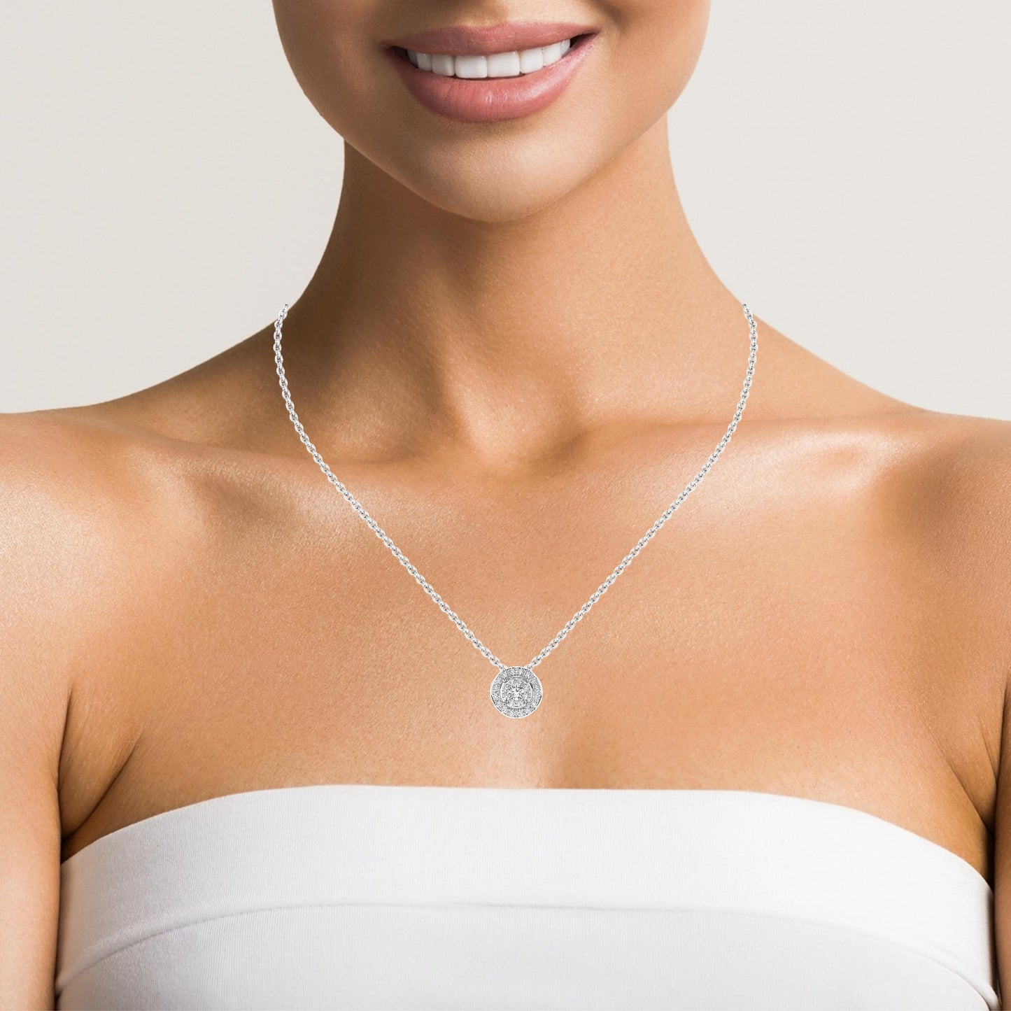 Луксозно колие от бяло злато 14K с диаманти 0.14ct – Елегантен кръгъл дизайн | Kirkorian Diamonds