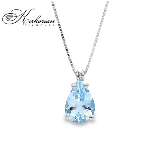 Елегантно колие с аквамарин 1.12 ct и диамант 0.02 ct от бяло злато 18К – луксозен дизайн с KD сертификат