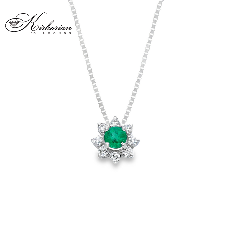 Колие бяло злато 18к със смарагд 0.14ct и диаманти – Kirkorian Diamonds