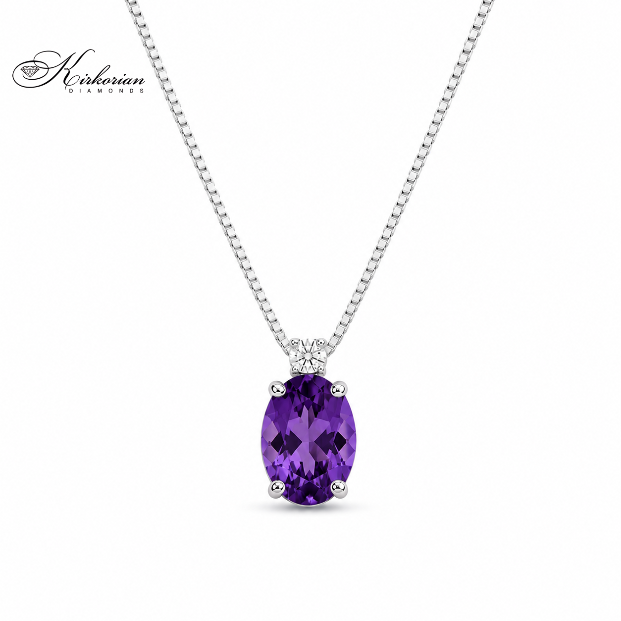 Колие от бяло злато 14K с естествен аметист 1.03 ct и диамант 0.07 ct – модел 331AM от Kirkorian Diamonds
