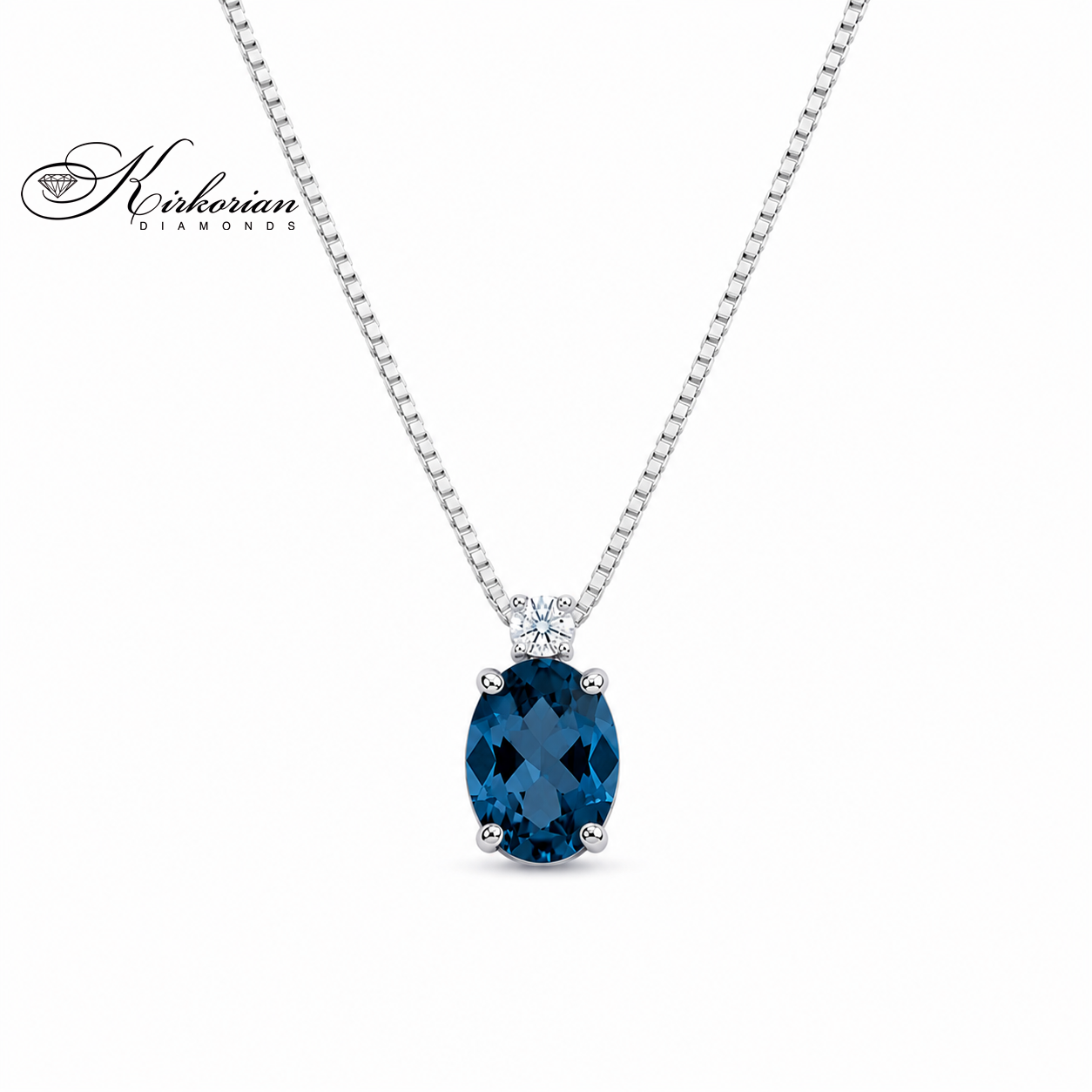 Колие от бяло злато 14K с естествен Лондон Блу Топаз 1.32 ct и диамант 0.07 ct – модел 331TL от Kirkorian Diamonds