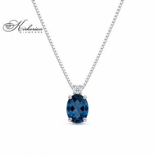 Колие от бяло злато 14K с естествен Лондон Блу Топаз 1.32 ct и диамант 0.07 ct – модел 331TL от Kirkorian Diamonds