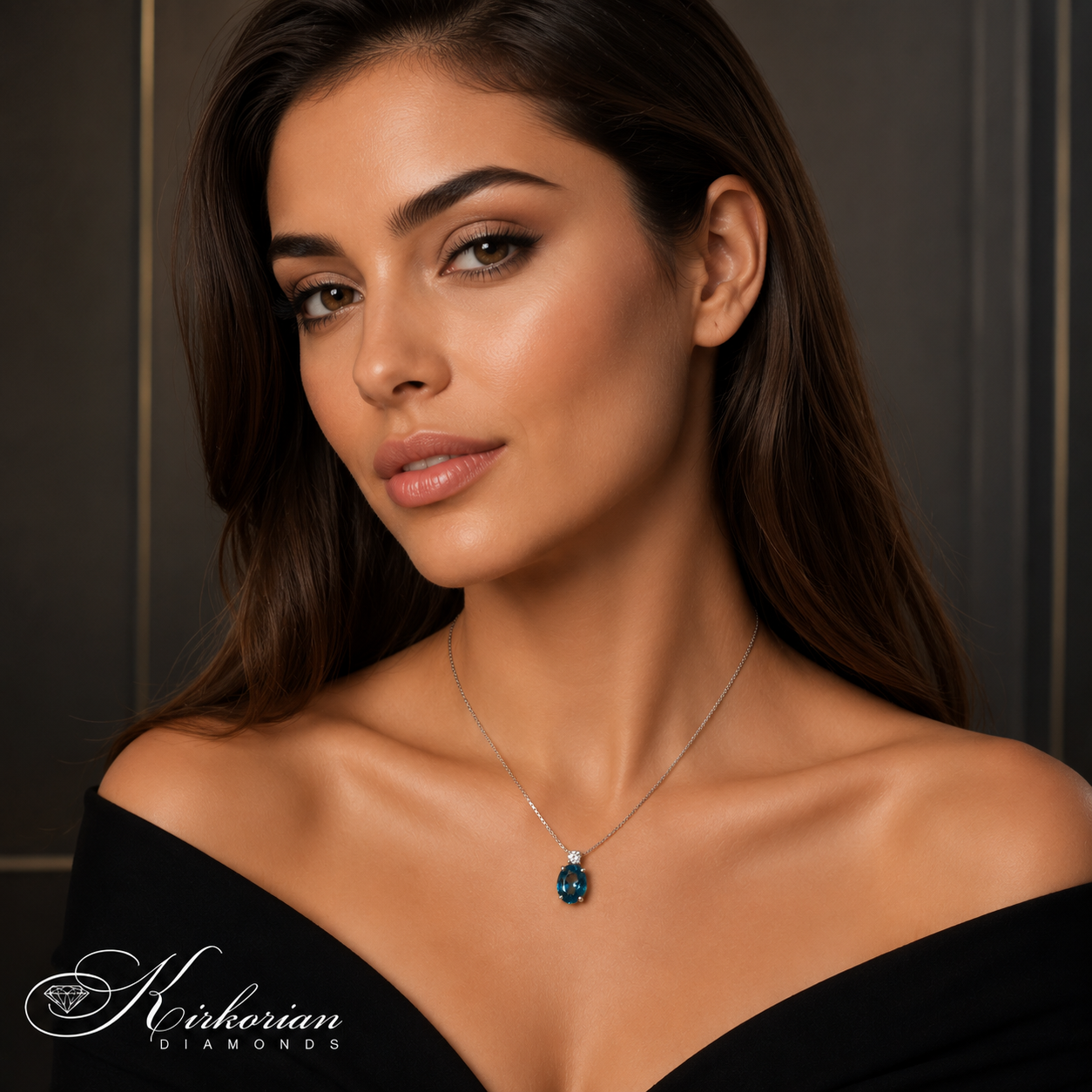 Дамски модел, носещ колие от бяло злато 14K с Лондон Блу Топаз 1.32 ct и диамант 0.07 ct – модел 331TL от Kirkorian Diamonds