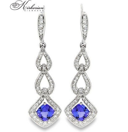 Луксозни висящи обеци от бяло злато 18К с диаманти 1.62 ct и танзанити 3.50 ct K533 – елегантен висок клас дизайн