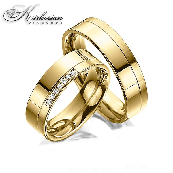 Модерни венчални халки WRD071 от бяло и жълто злато с диаманти 0.105ct – 6мм