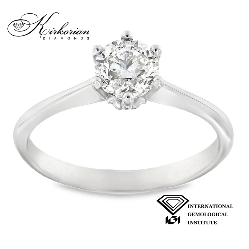 Годежен пръстен с диамант 0.90ct L/VVS2 IGI – 14k бяло злато с класическа коронка