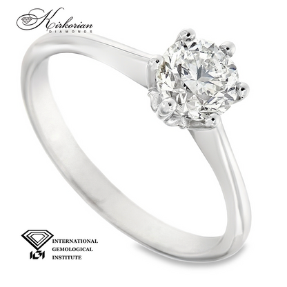 Годежен пръстен с диамант 0.90ct L/VVS2 IGI – 14k бяло злато с класическа коронка