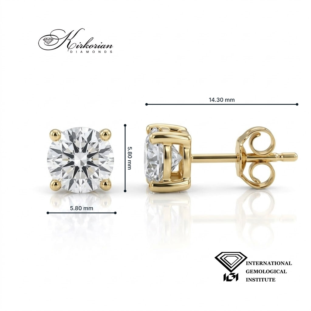 Обеци от жълто злато 14К с кръгли лабораторни диаманти 1.50 ct и диаметър 5,80 мм – 811786Y