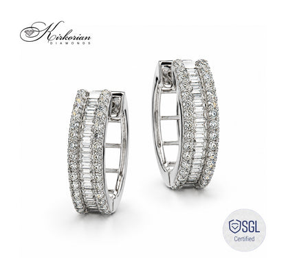 Луксозни обеци халки от бяло злато 14К с естествени диаманти 0.54 ct Round Brilliant и Baguette BAL6452