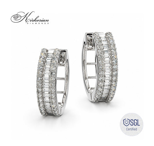 Луксозни обеци халки от бяло злато 14К с естествени диаманти 0.54 ct Round Brilliant и Baguette BAL6452