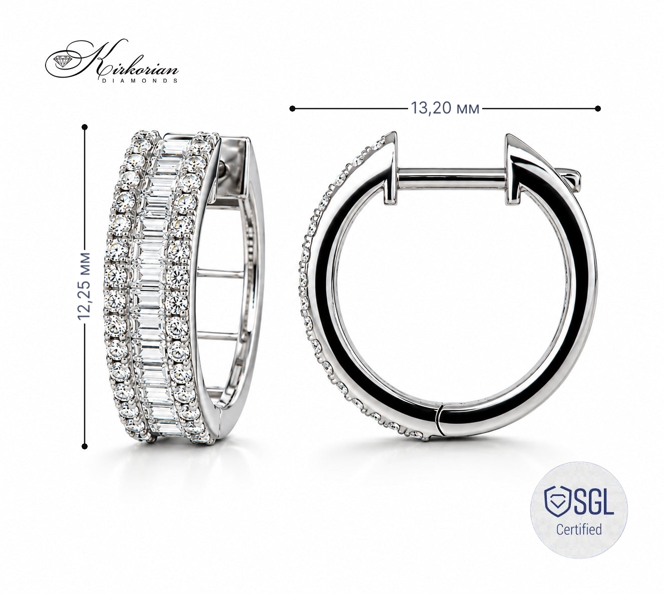 Луксозни обеци халки от бяло злато 14К с естествени диаманти 0.54 ct Round Brilliant и Baguette – Diamond Hoop Earrings BAL6452