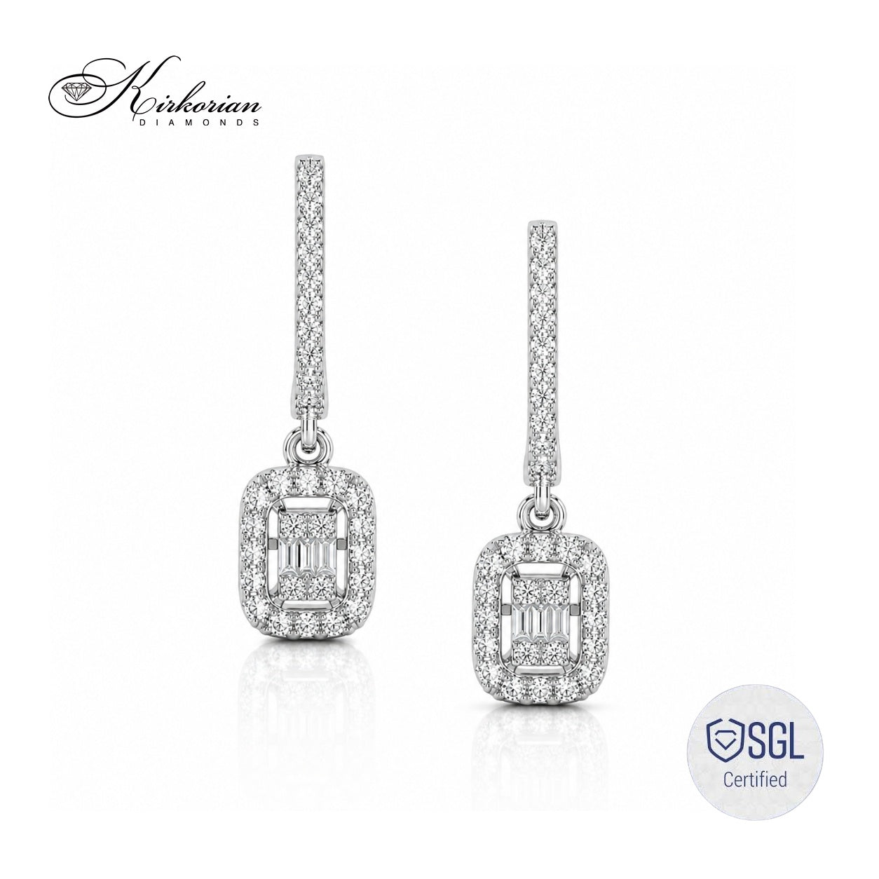 Луксозни висящи обеци от бяло злато 14К с естествени диаманти 0.51 ct Round Brilliant и Baguette BAL6567
