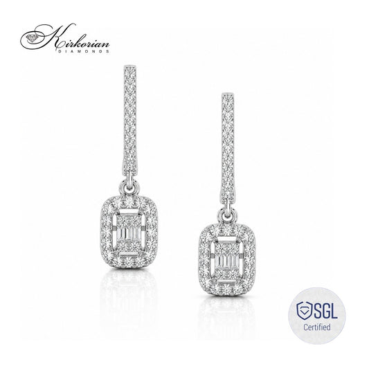 Луксозни висящи обеци от бяло злато 14К с естествени диаманти 0.51 ct Round Brilliant и Baguette BAL6567