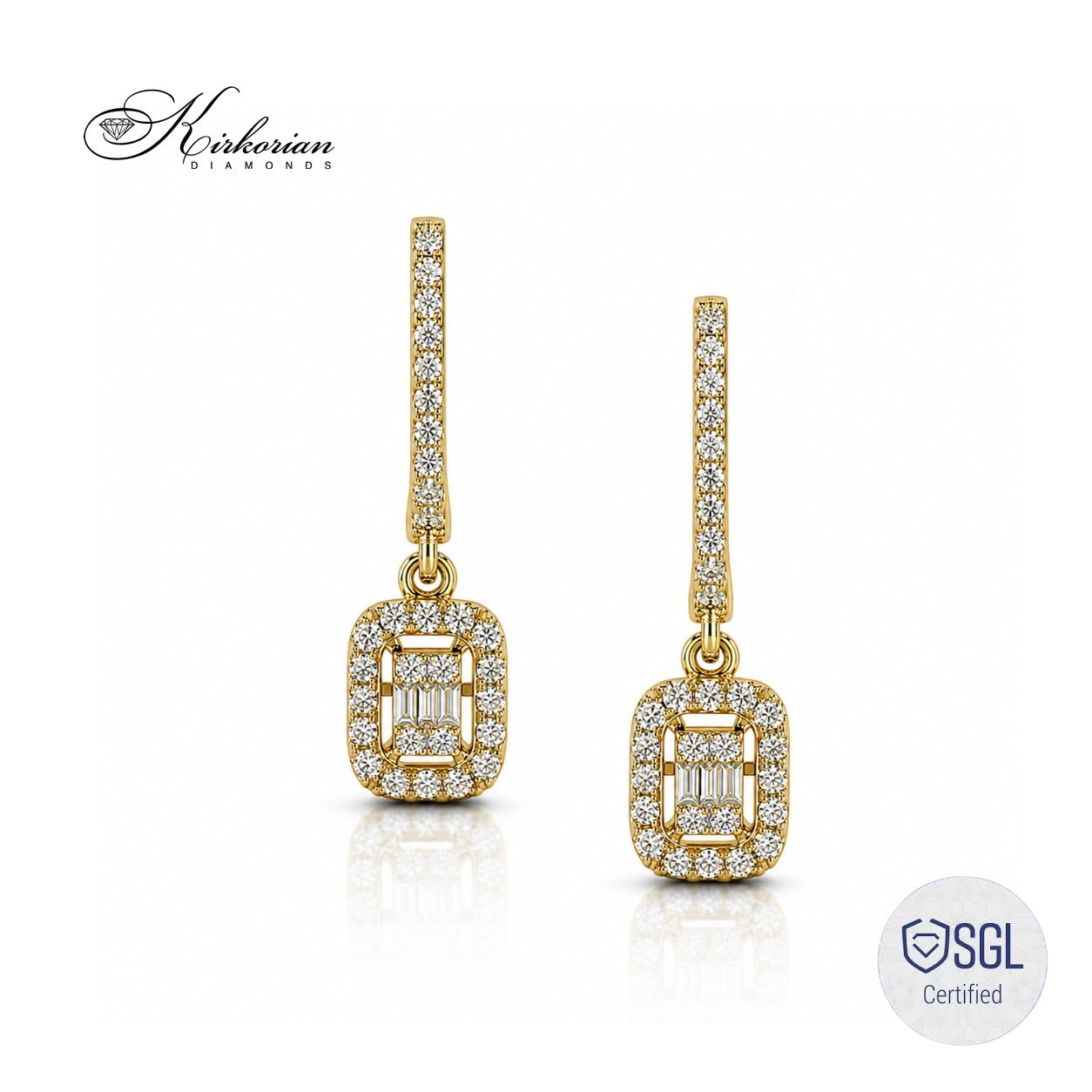 Луксозни висящи обеци от жълто злато 14К с естествени диаманти 0.51 ct Round Brilliant и Baguette BAL6567G
