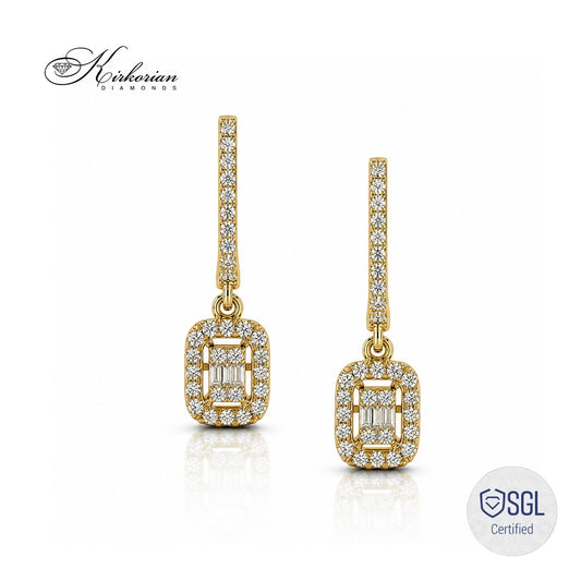 Луксозни висящи обеци от жълто злато 14К с естествени диаманти 0.51 ct Round Brilliant и Baguette BAL6567G