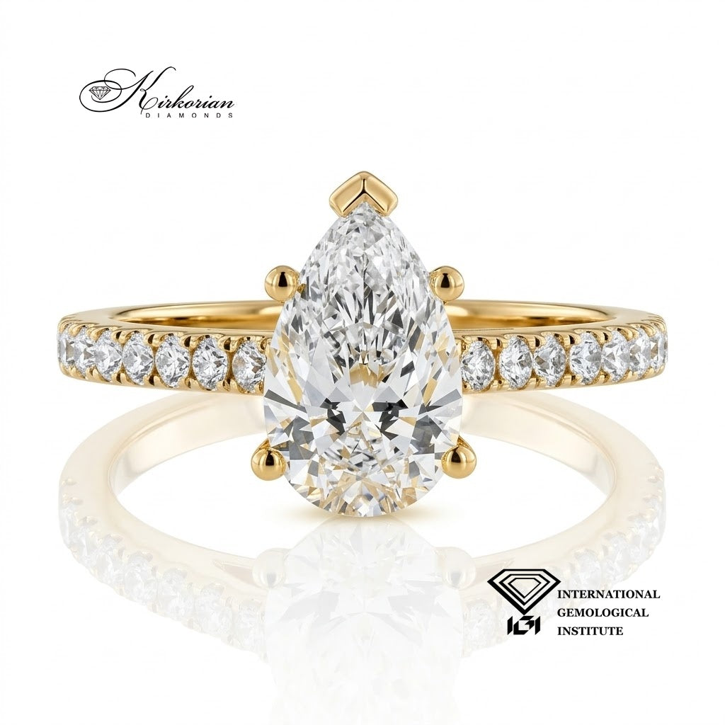 Годежен пръстен BE977F от жълто злато 14К с лабораторен Pear диамант 1.53 ct, фронтален изглед