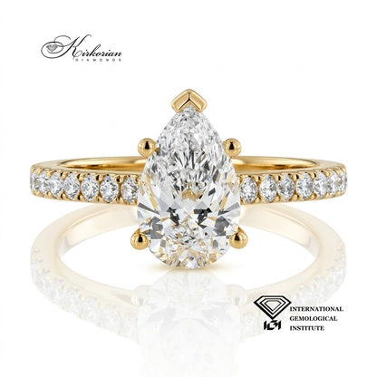Годежен пръстен BE977F от жълто злато 14К с лабораторен Pear диамант 1.53 ct, фронтален изглед