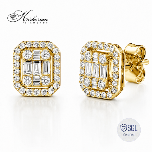 Diamond halo earrings от жълто злато с багет и брилянтни диаманти ER1575G
