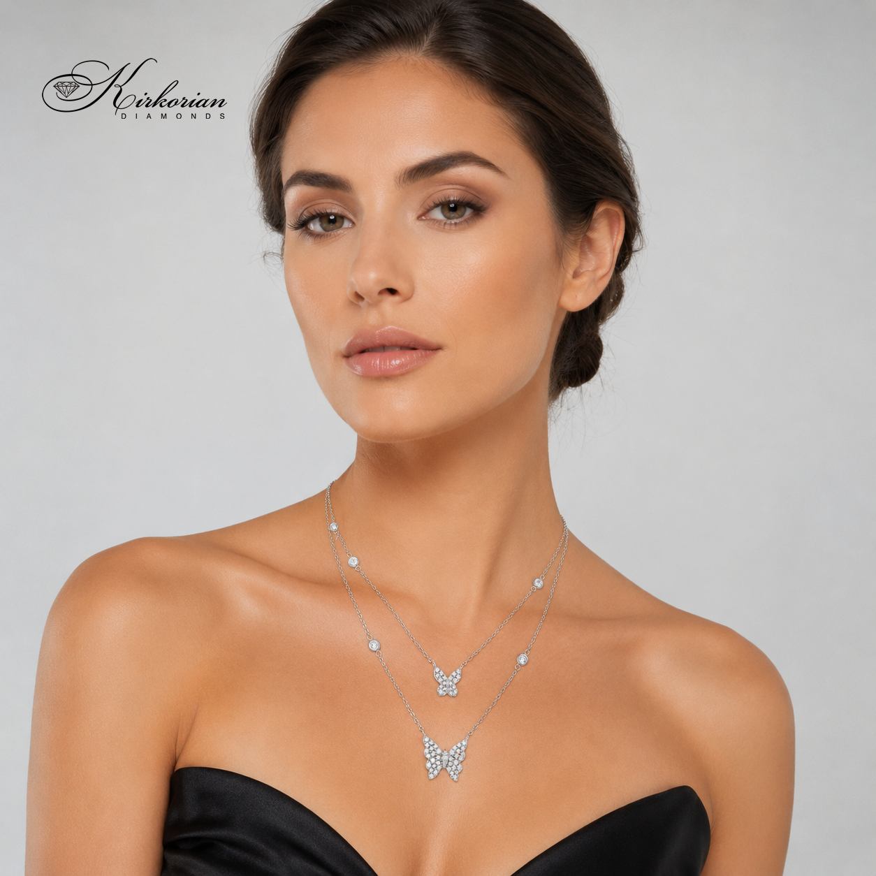 Луксозно колие с пеперуди от бяло злато 18К с естествени диаманти 0.59 ct – двойно дамско колие модел IT13 Kirkorian Diamonds