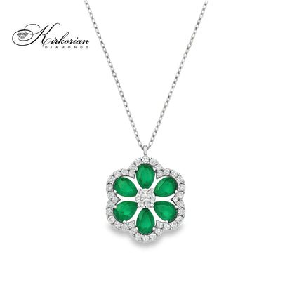 Колие от бяло злато 18k със смарагд 0.88ct и диаманти 0.21ct – флорален модел IT28