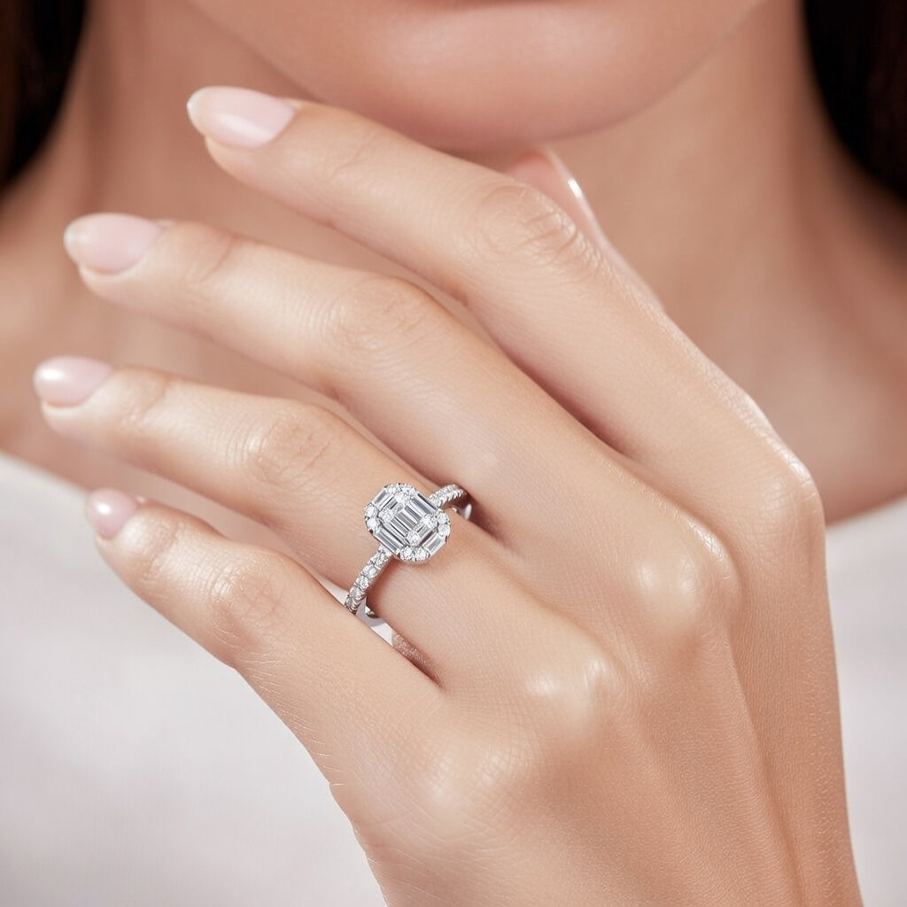 Пръстен от бяло злато 18k с диаманти багет и кръгла форма 0.41ct KD G-H/SI IT35