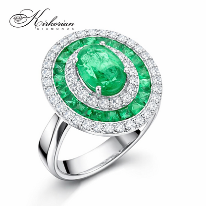 пръстен със смарагди и диаманти 2.25 ct от бяло злато 18 карата луксозен дизайн