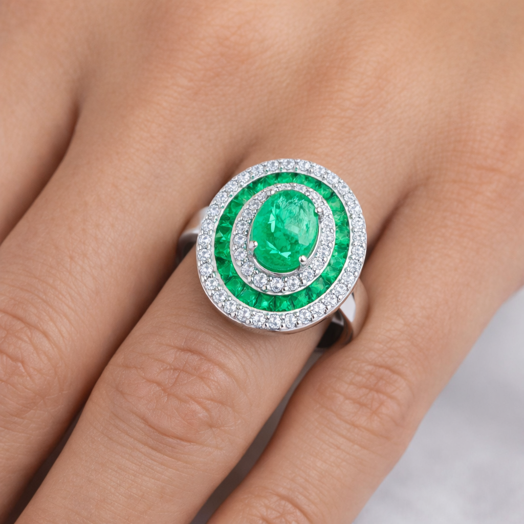 пръстен със смарагд 2.25 ct и диаманти бяло злато 18K на ръка луксозен смарагдов пръстен
