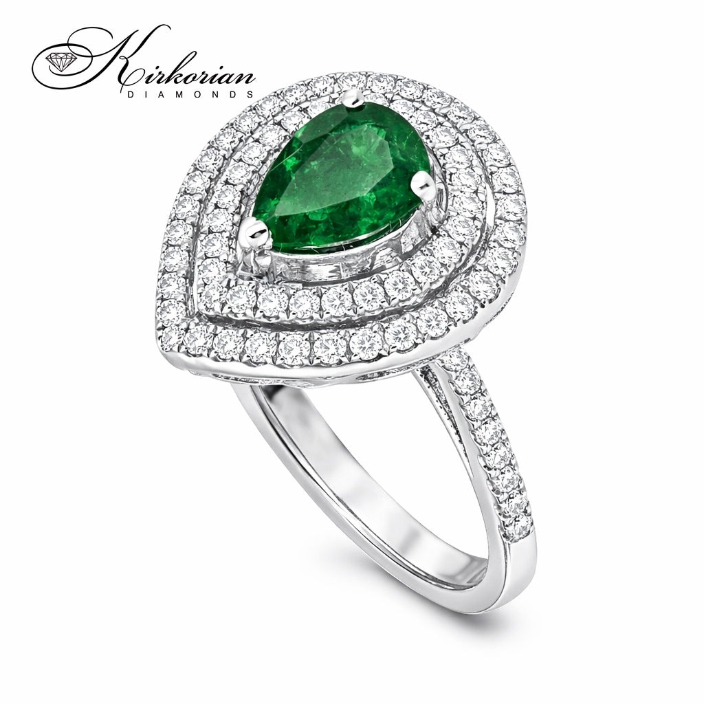 Пръстен от бяло злато 18K със смарагд 0.81ct и диаманти 0.35ct | Размер 54 | Сертификат Kirkorian Diamonds