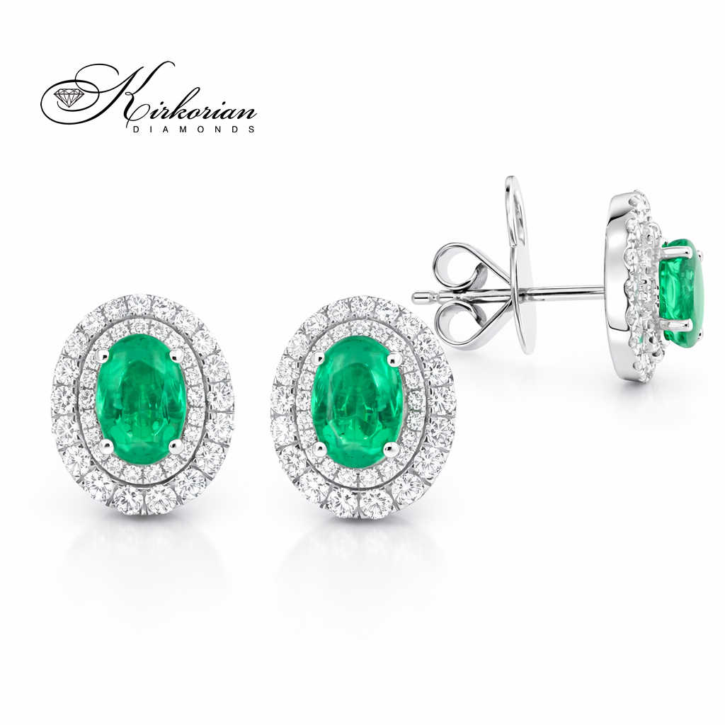златни обеци със смарагд и диаманти 18K бяло злато 0.56 ct диаманти елегантни диамантени обеци Kirkorian Diamonds IT55