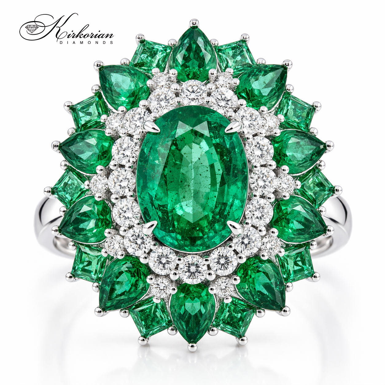 пръстен с голям изумруд и диаманти 3.37 ct бяло злато 18K колекционен модел Kirkorian Diamonds IT57
