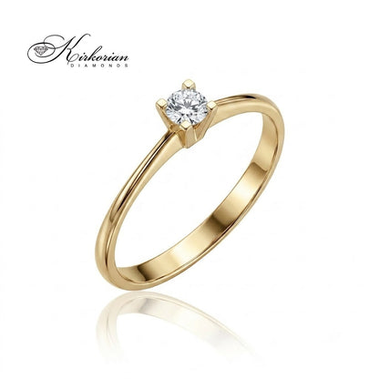 Годежен пръстен солитъре от 14К жълто злато с диамант 0.10 ct, код K119. Снимка на продукта на бял фон с отразяване и лого. Може да се поръча в бяло или жълто злато.