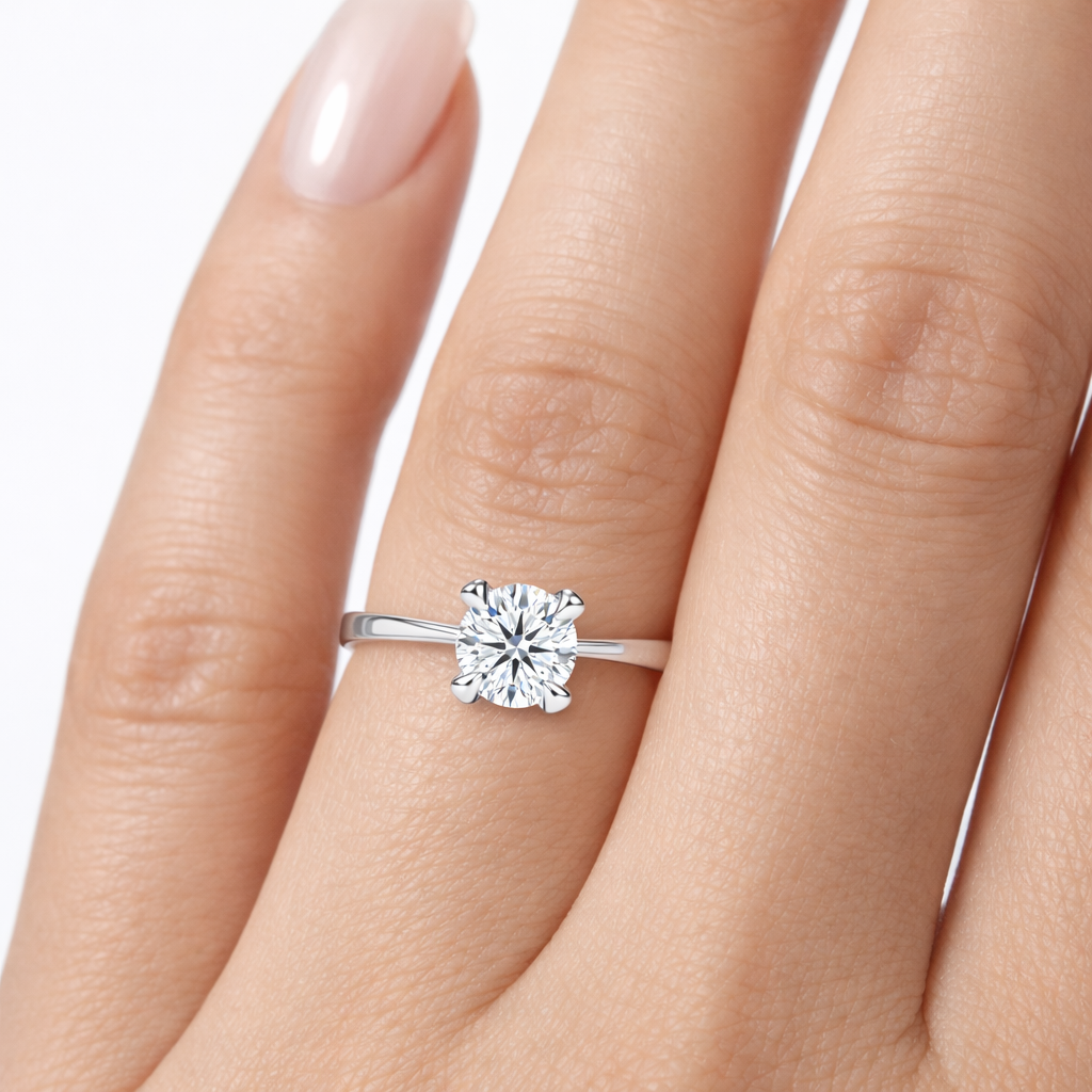 годежен пръстен с диамант 0.50 ct върху ръка бяло злато 14K GIA сертификат K155A реална визия