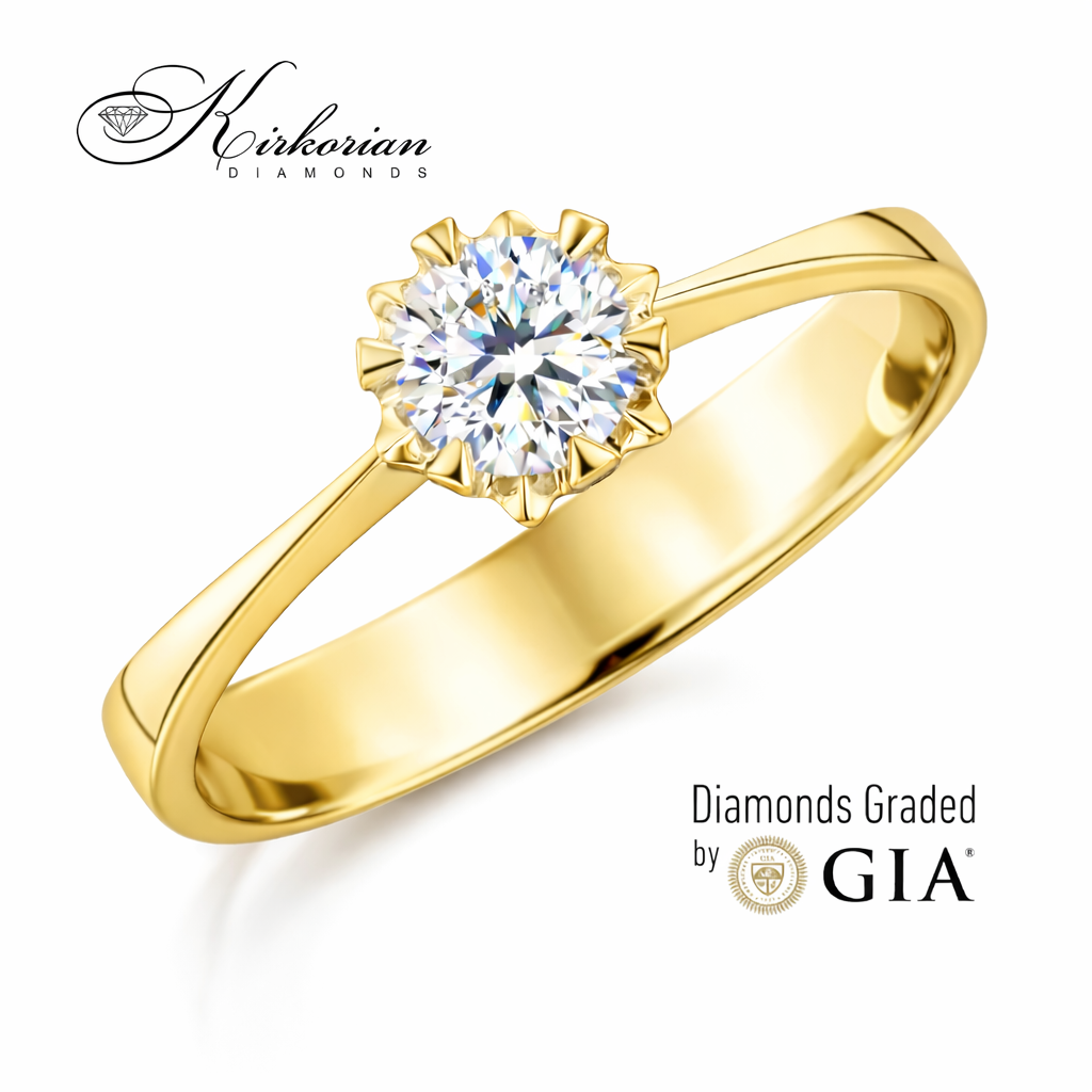 класически годежен пръстен с централен диамант 0.30 ct GIA жълто злато 14K K377G