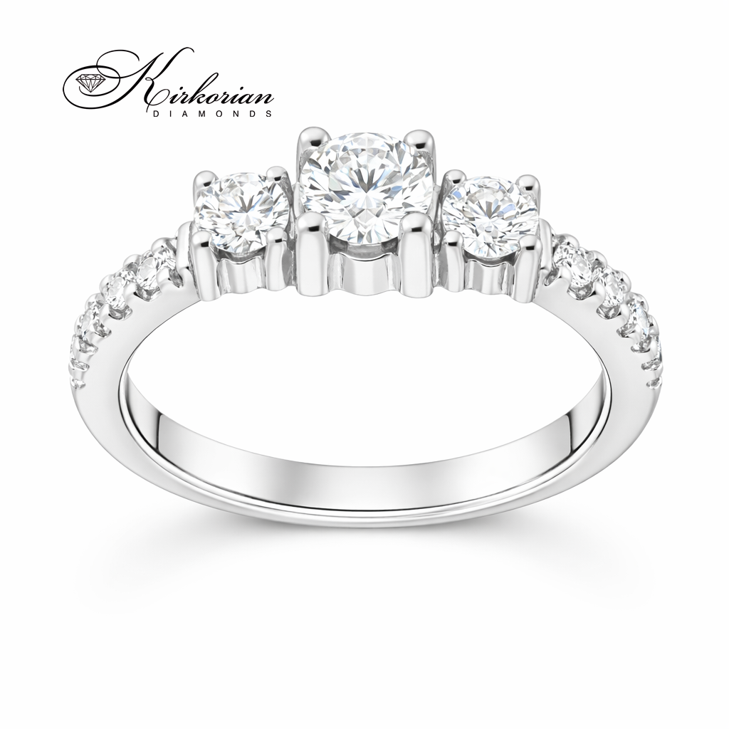 елегантен диамантен пръстен с три камъка 0.59 ct бяло злато 14K модел K379