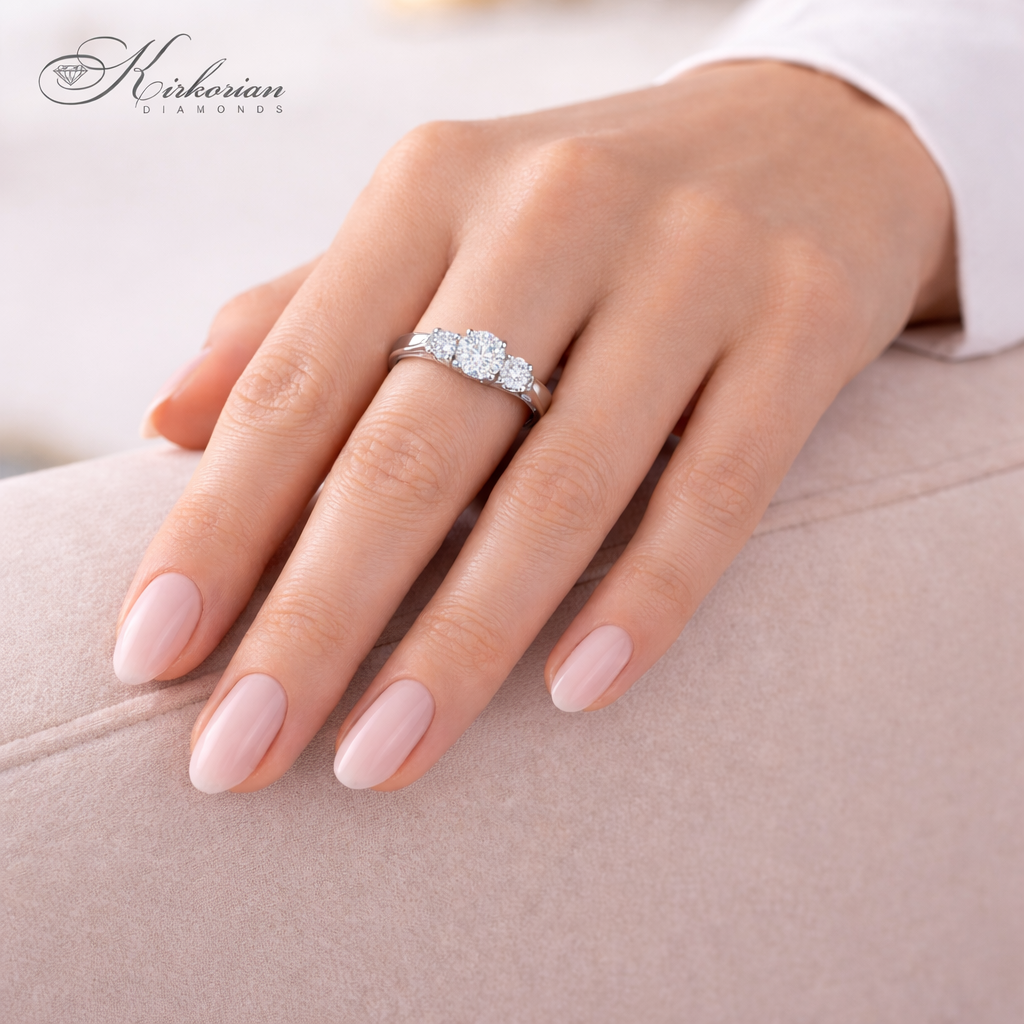 годежен пръстен с три диаманта 0.60 ct на ръка бяло злато 14K Kirkorian Diamonds
