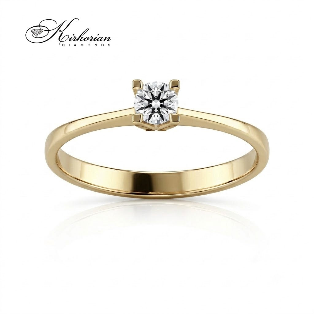 Класически годежен пръстен Kirkorian Diamonds от 14К жълто злато с централен брилянт 0.20 ct в каса с четири зъбеца, код K485.