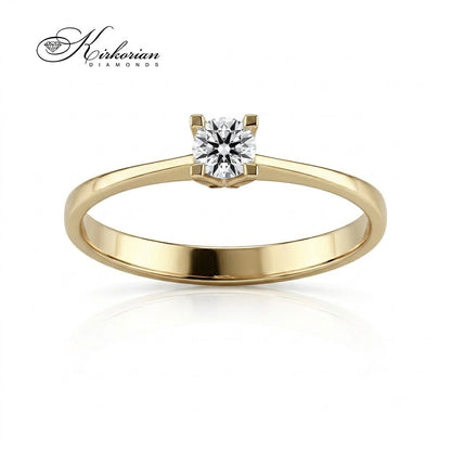 Класически годежен пръстен Kirkorian Diamonds от 14К жълто злато с централен брилянт 0.20 ct в каса с четири зъбеца, код K485.