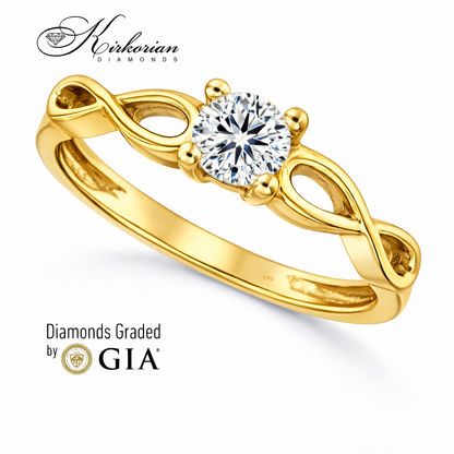 елегантен годежен пръстен жълто злато 14K с централен диамант 0.30 ct GIA K575B