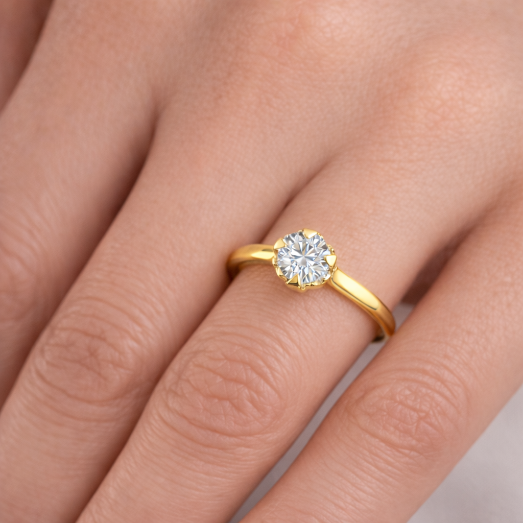 годежен пръстен жълто злато 14K с диамант 0.30 ct GIA на ръка елегантен солитер