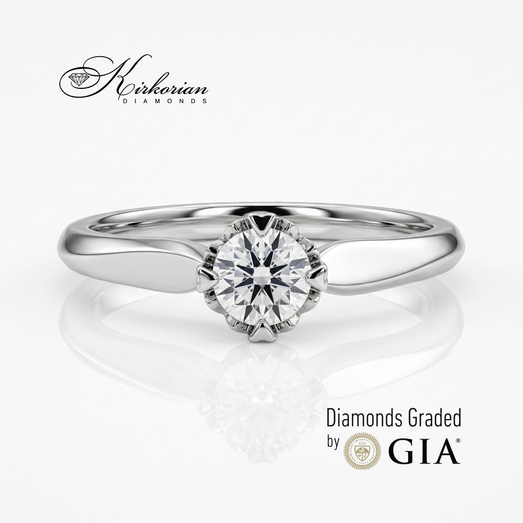 Детайлен фронтален изглед на диамант 0.30 ct в шестзъбна флорална корона