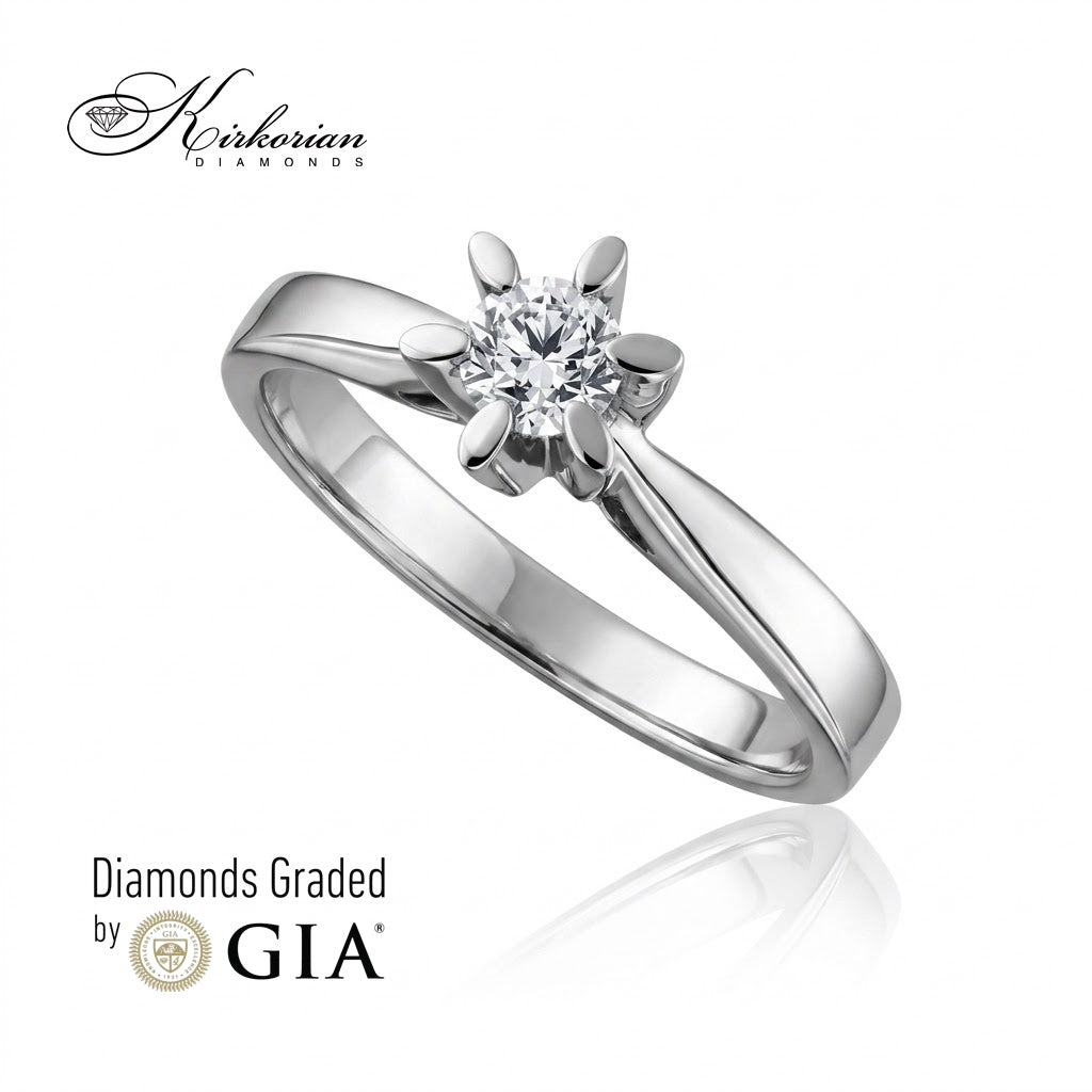 Годежен пръстен от бяло злато 14К с диамант 0.30 ct GIA с флорален обков, челен изглед Kirkorian Diamonds