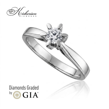 Годежен пръстен от бяло злато 14К с диамант 0.30 ct GIA с флорален обков, челен изглед Kirkorian Diamonds