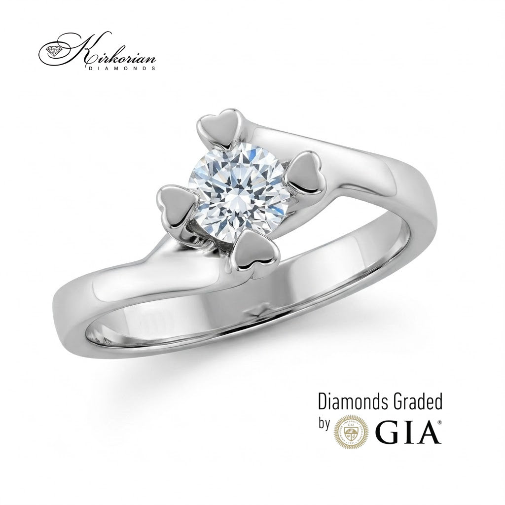 Годежен пръстен от бяло злато 14К с диамант 0.50 ct GIA K593 – луксозен солитер с романтични сърцевидни лапи