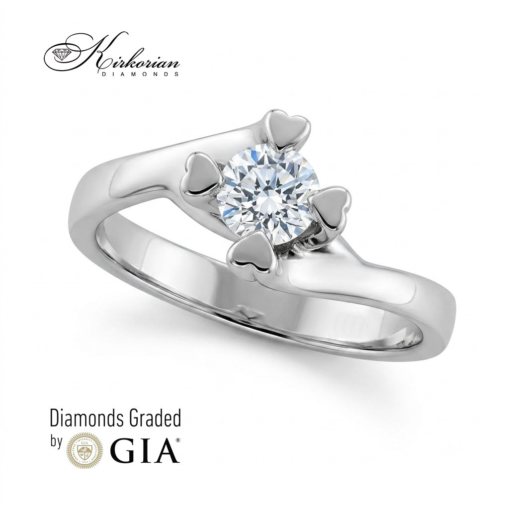 Елегантен годежен пръстен K593 с естествен диамант 0.50 ct GIA и обков със сърца от бяло злато 14К