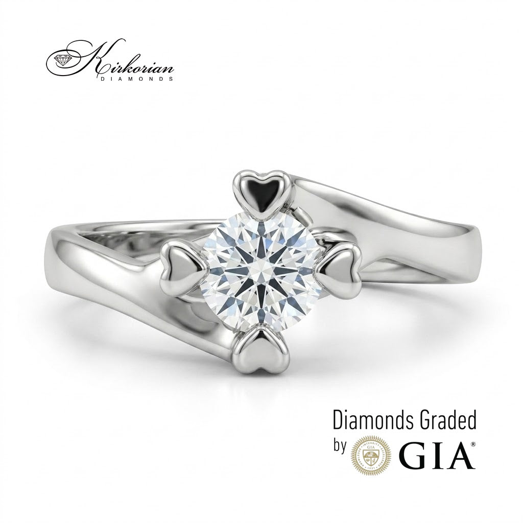 Класически солитер от бяло злато 14К с GIA диамант 0.50 ct и романтични сърцевидни детайли K593