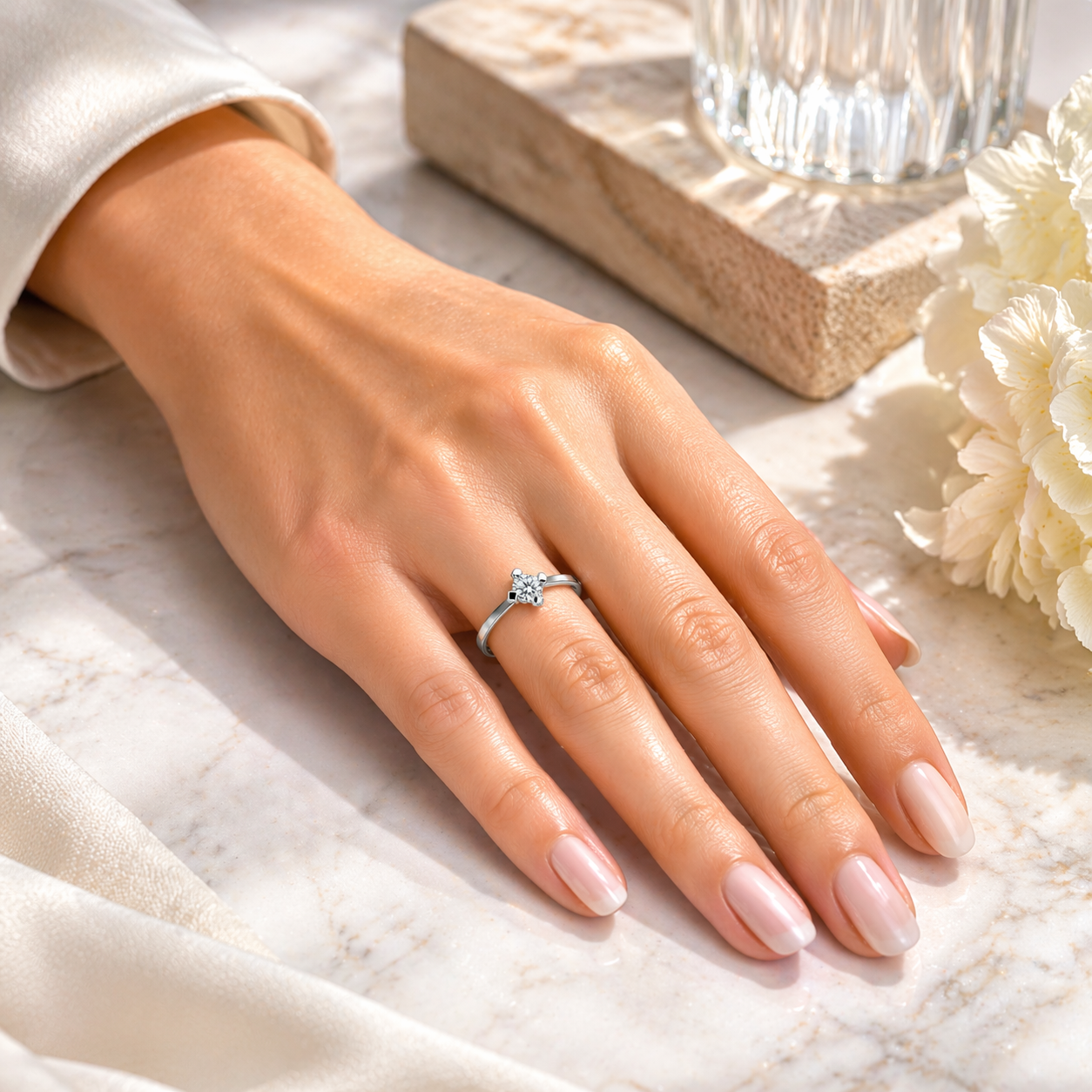 годежен пръстен на ръка с диамант 0.18 ct бяло злато 14К изчистен стил естествена визия K598