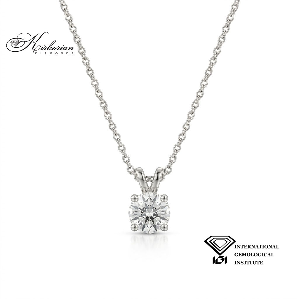Колие от бяло злато 14К с кръгъл диамант 0.70 ct в обков с четири зъбчета и сертификат IGI – модел K601C.