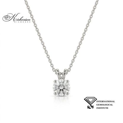 Колие от бяло злато 14К с кръгъл диамант 0.70 ct в обков с четири зъбчета и сертификат IGI – модел K601C.