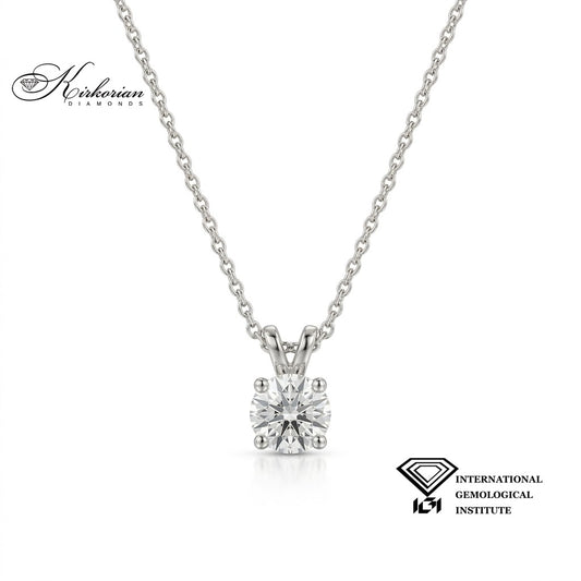 Колие от бяло злато 14К с кръгъл диамант 0.70 ct в обков с четири зъбчета и сертификат IGI – модел K601C.